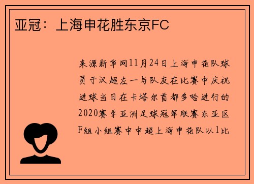 亚冠：上海申花胜东京FC